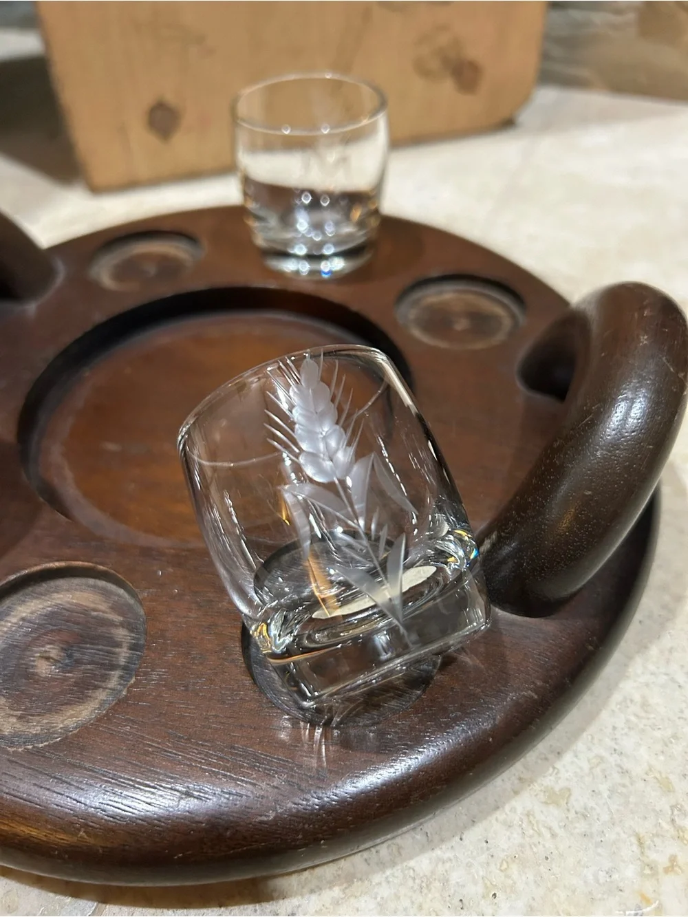 Vintage Wooden Shot Glass and Liquor Bottle Serving Tray Caddy with Handles